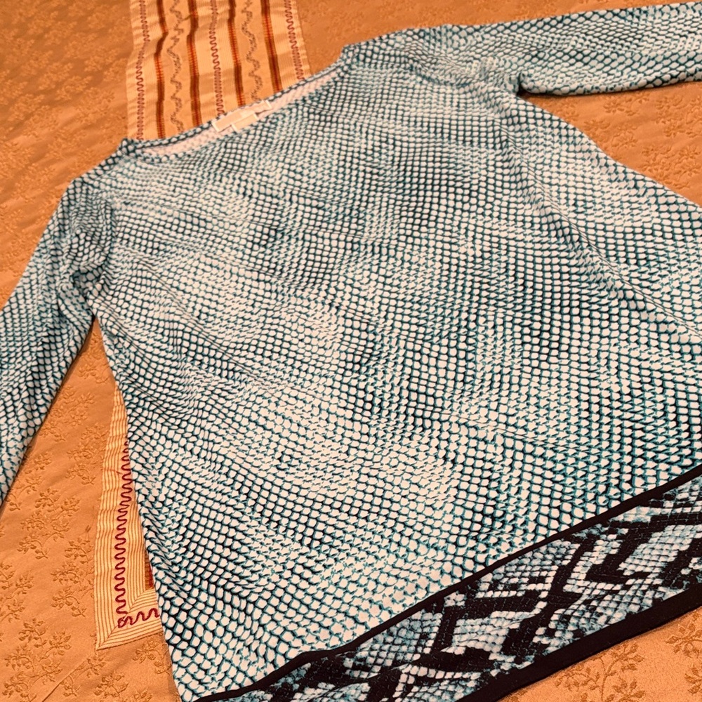 Michael Kors Tunic Top, Blue/White Pattern, Polyester Blend, Long Sleeve, PL